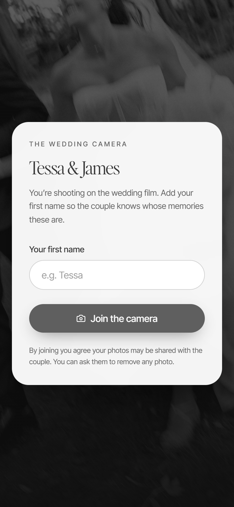 The Once Memories join screen for Tessa and James: scan the code, add your first name, and join the shared wedding camera with no app to download.